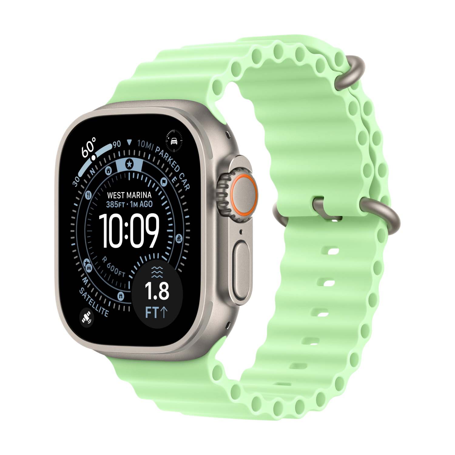Apple Watch Ultra 3 Natural Titanium с ремешком Ocean Band цвета зелёный неон