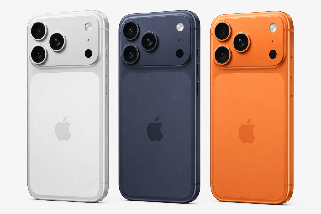 цвета iPhone 17 Pro Silver, Deep Blue и Cosmic Orange