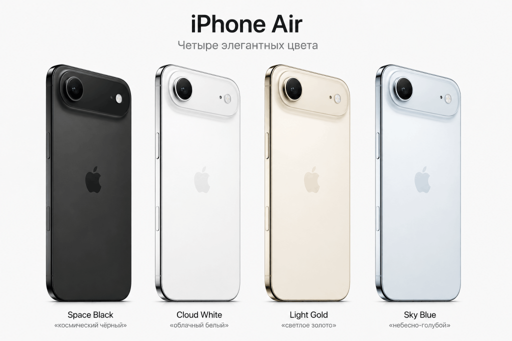 цвета iPhone Air Space Black, Cloud White, Light Gold и Sky Blue