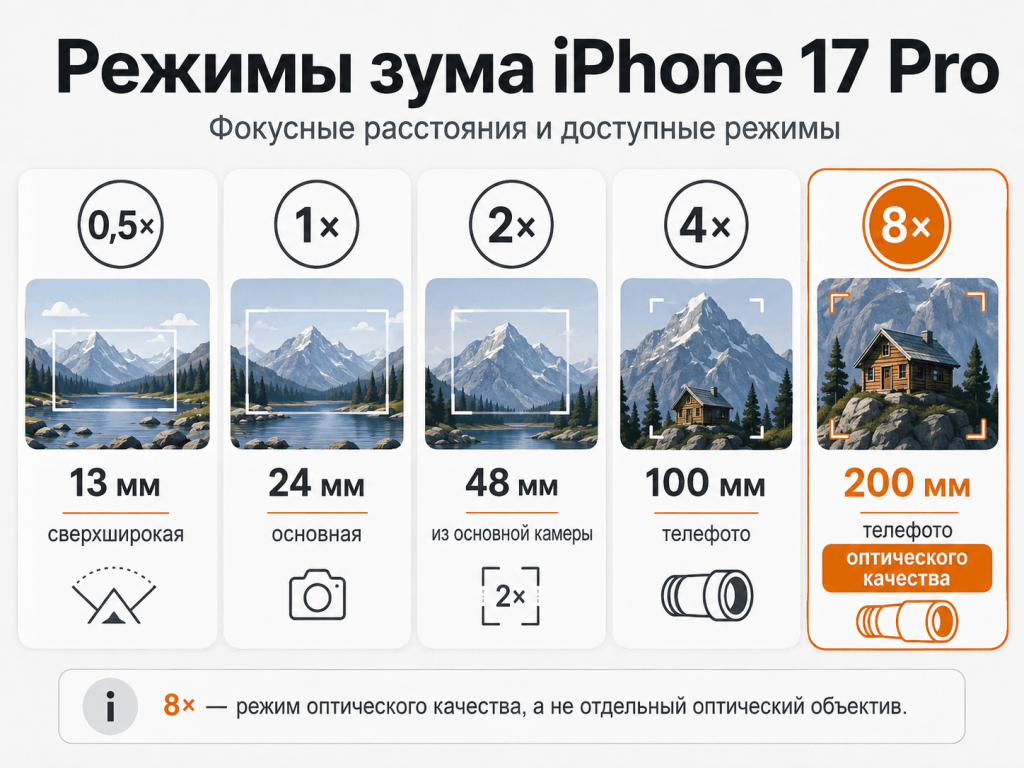 зум камер iPhone 17 Pro 0,5x 1x 2x 4x и 8x